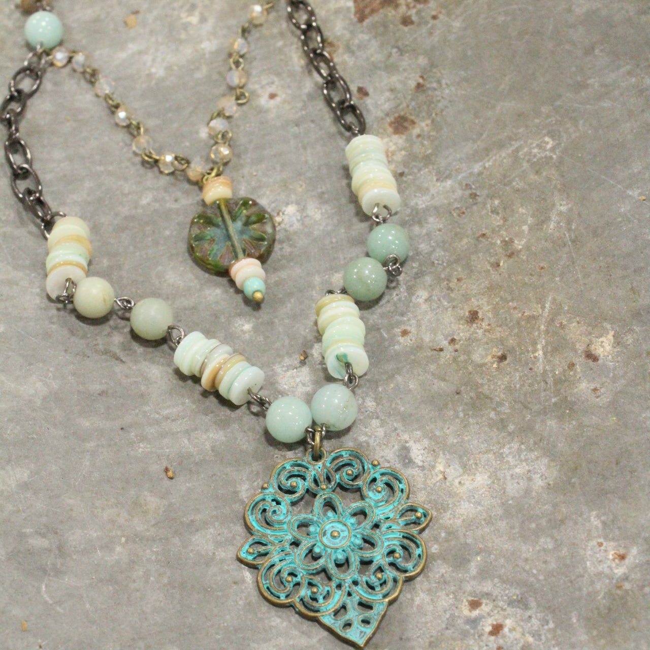 Classic Boho Layered Natural Stone & Czech Patina Pendant Necklace Set