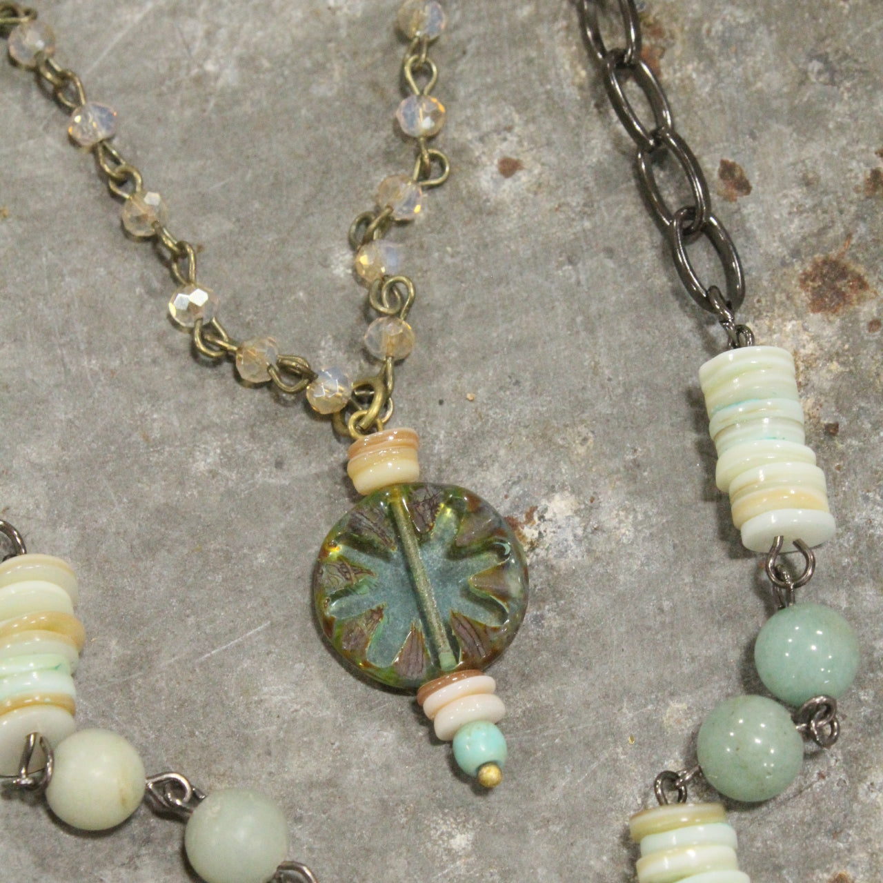 Classic Boho Layered Natural Stone & Czech Patina Pendant Necklace Set