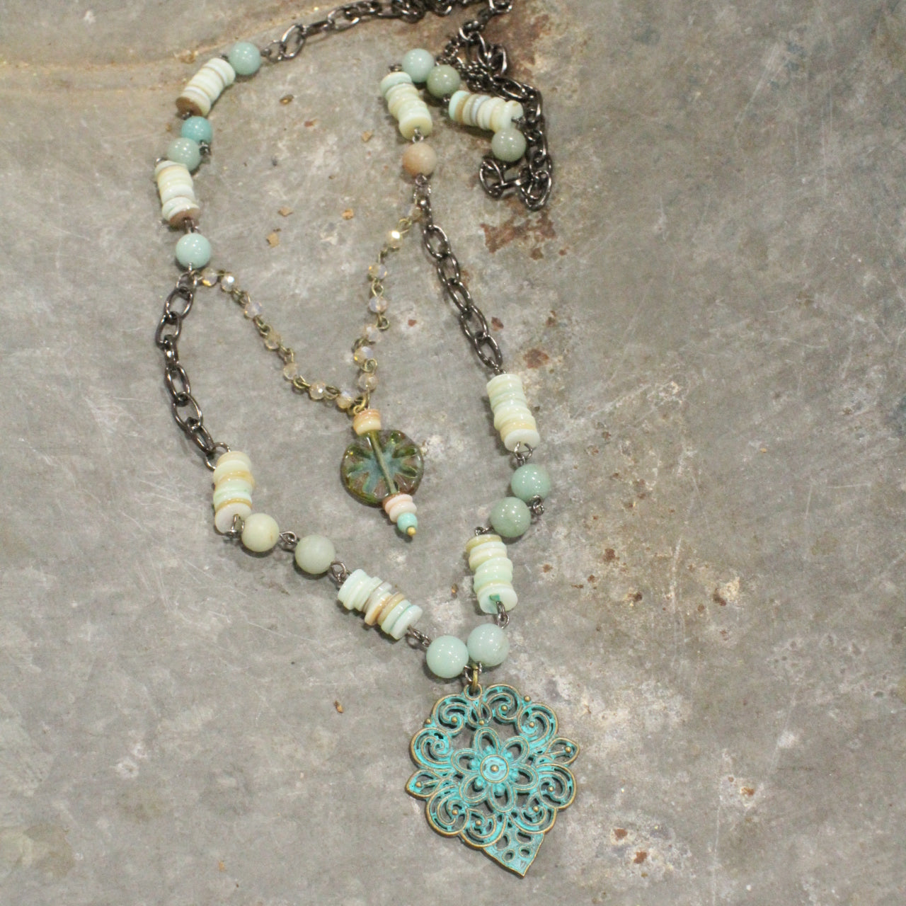 Classic Boho Layered Natural Stone & Czech Patina Pendant Necklace Set