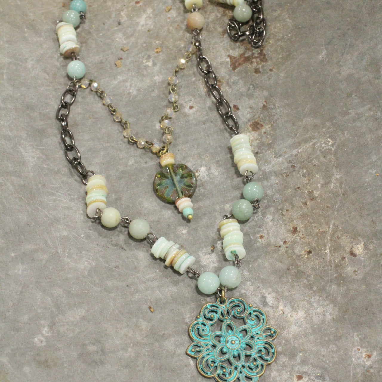 Classic Boho Layered Natural Stone & Czech Patina Pendant Necklace Set