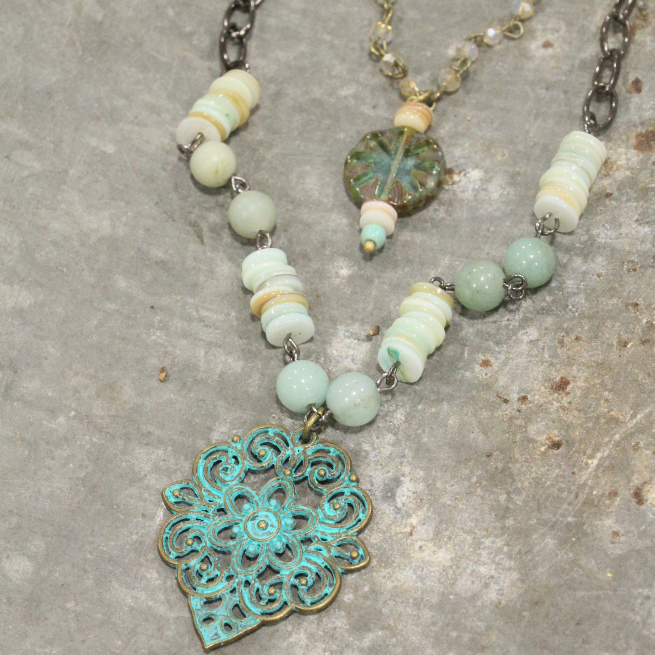 Classic Boho Layered Natural Stone & Czech Patina Pendant Necklace Set