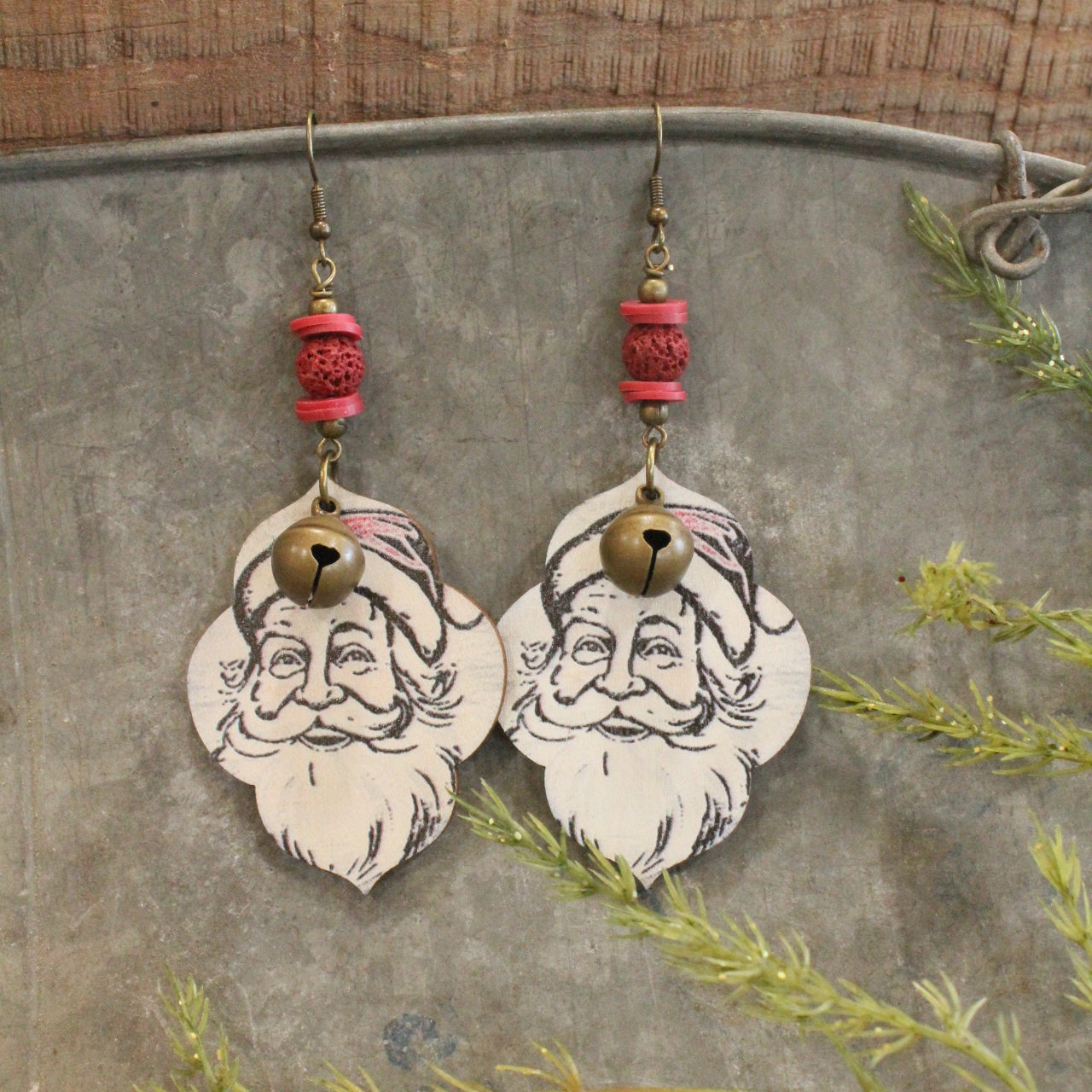 Vintage Santa & Bronze Bell Dangle Earrings