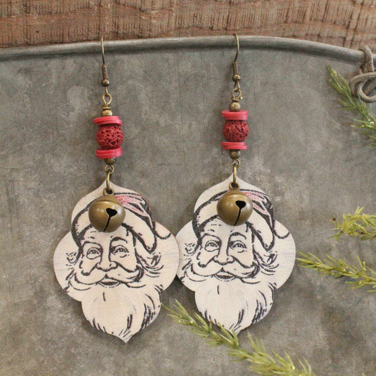 Vintage Santa & Bronze Bell Dangle Earrings