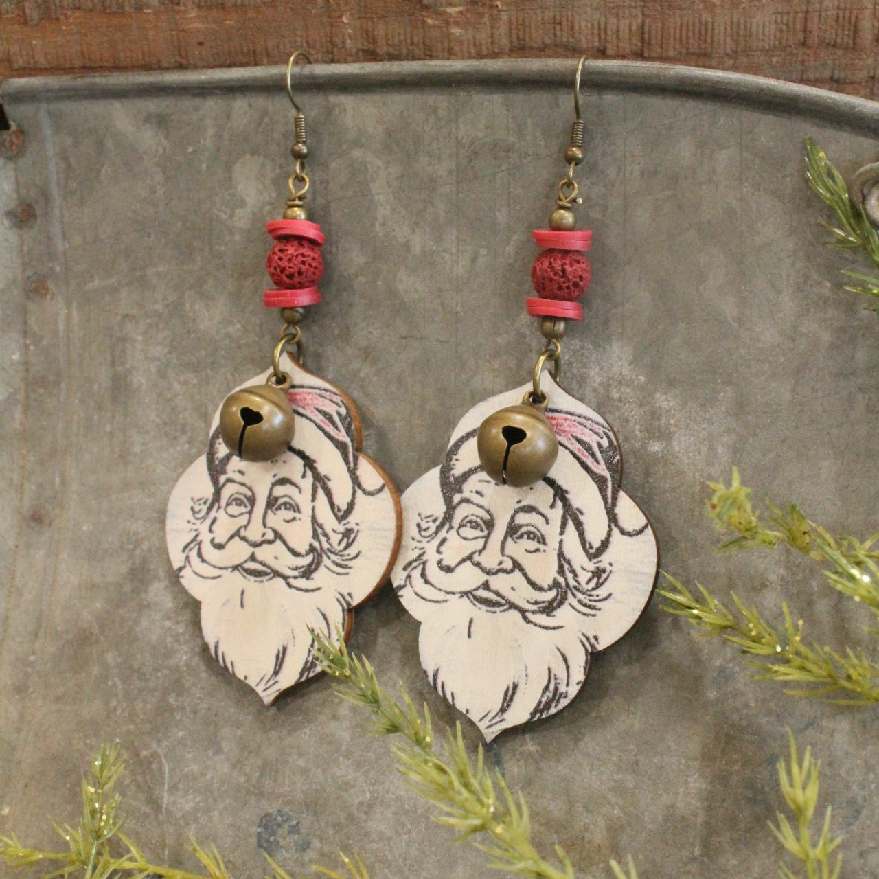 Vintage Santa & Bronze Bell Dangle Earrings