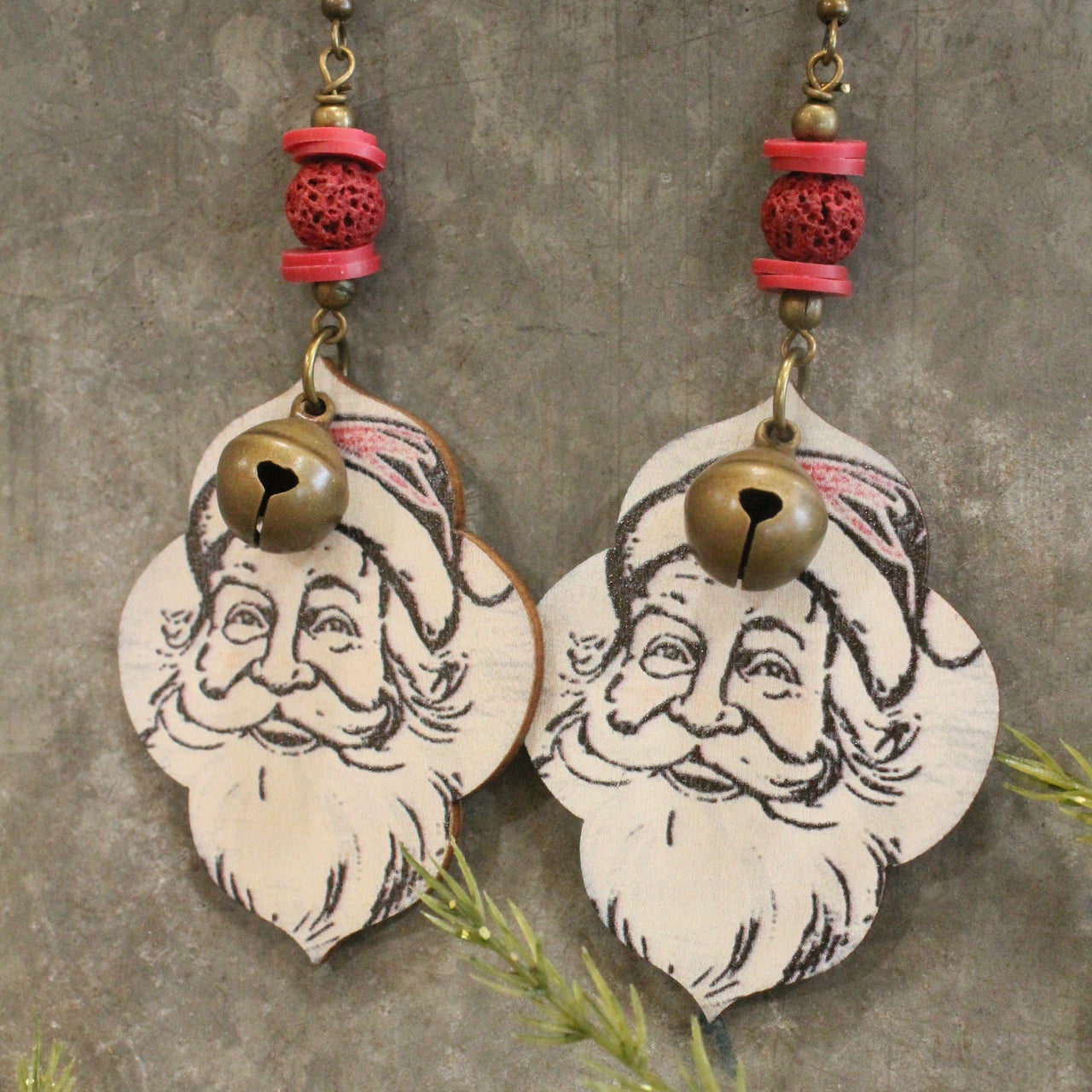 Vintage Santa & Bronze Bell Dangle Earrings