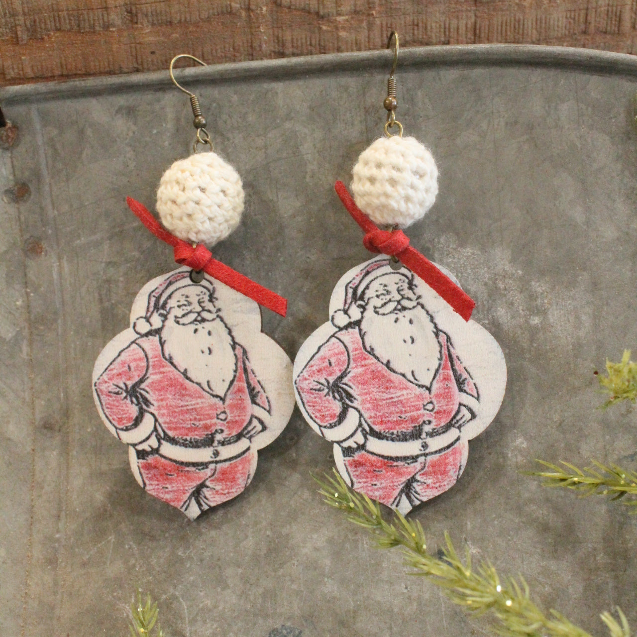 Crochet Beaded Vintage Santa Dangle Earrings