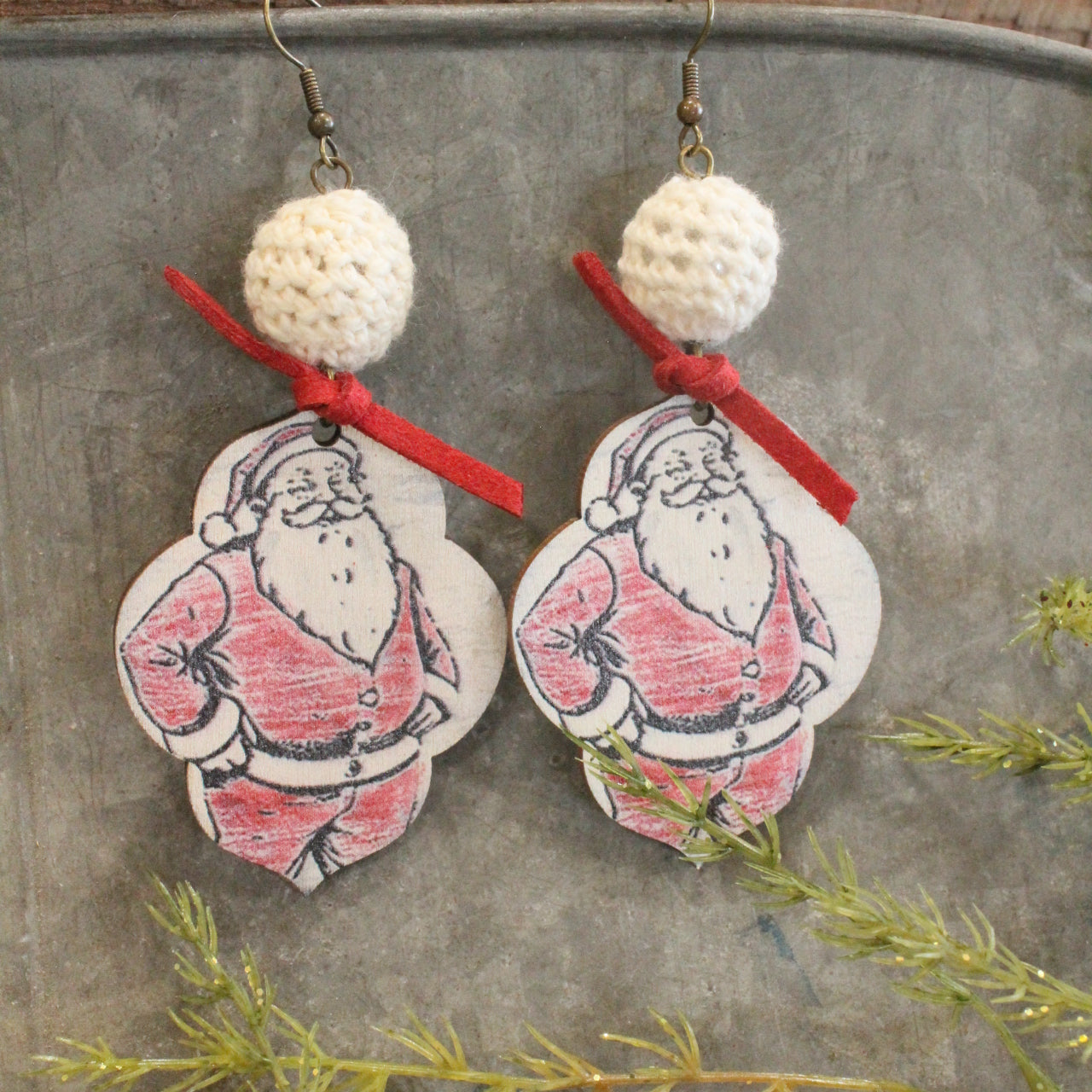 Crochet Beaded Vintage Santa Dangle Earrings