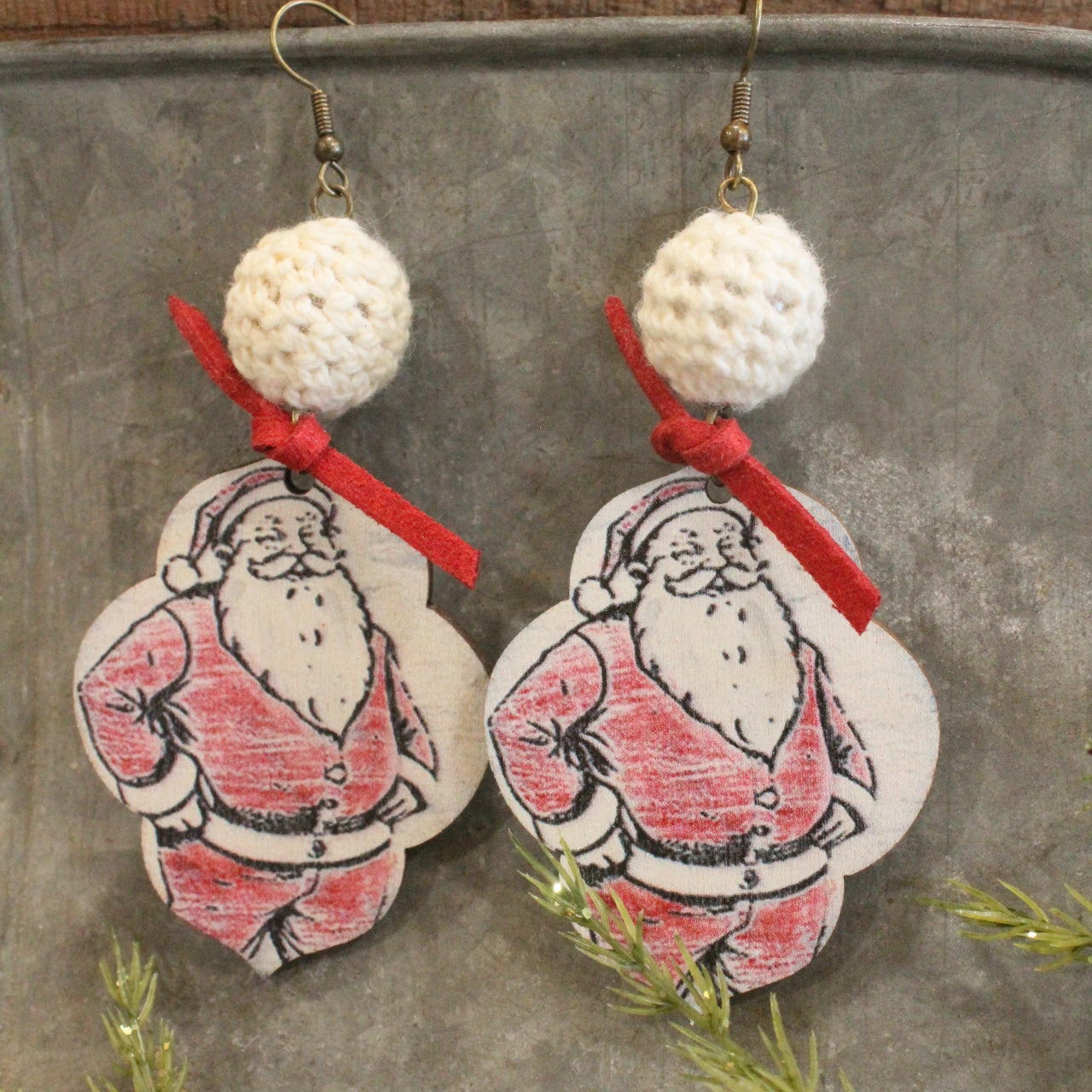 Crochet Beaded Vintage Santa Dangle Earrings