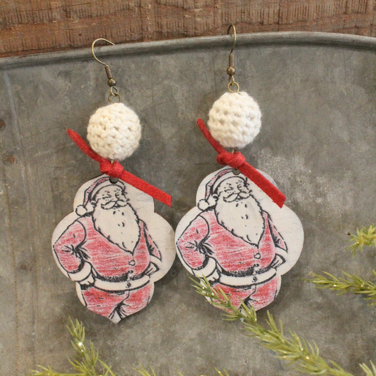 Crochet Beaded Vintage Santa Dangle Earrings