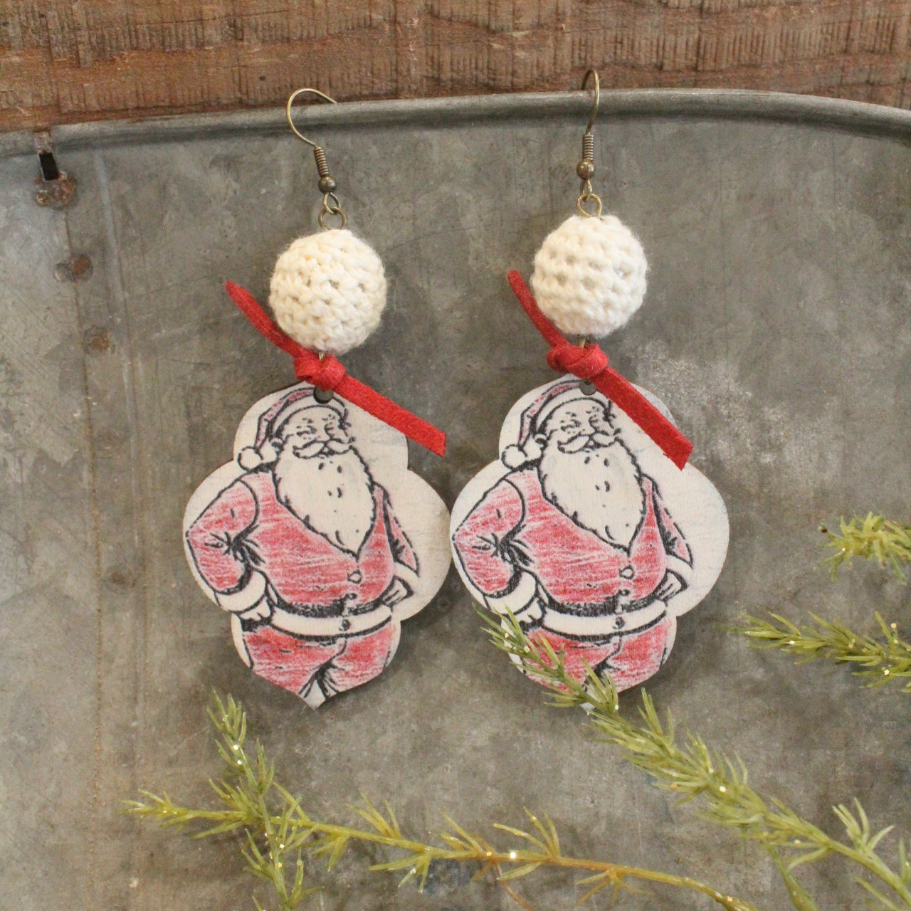 Crochet Beaded Vintage Santa Dangle Earrings