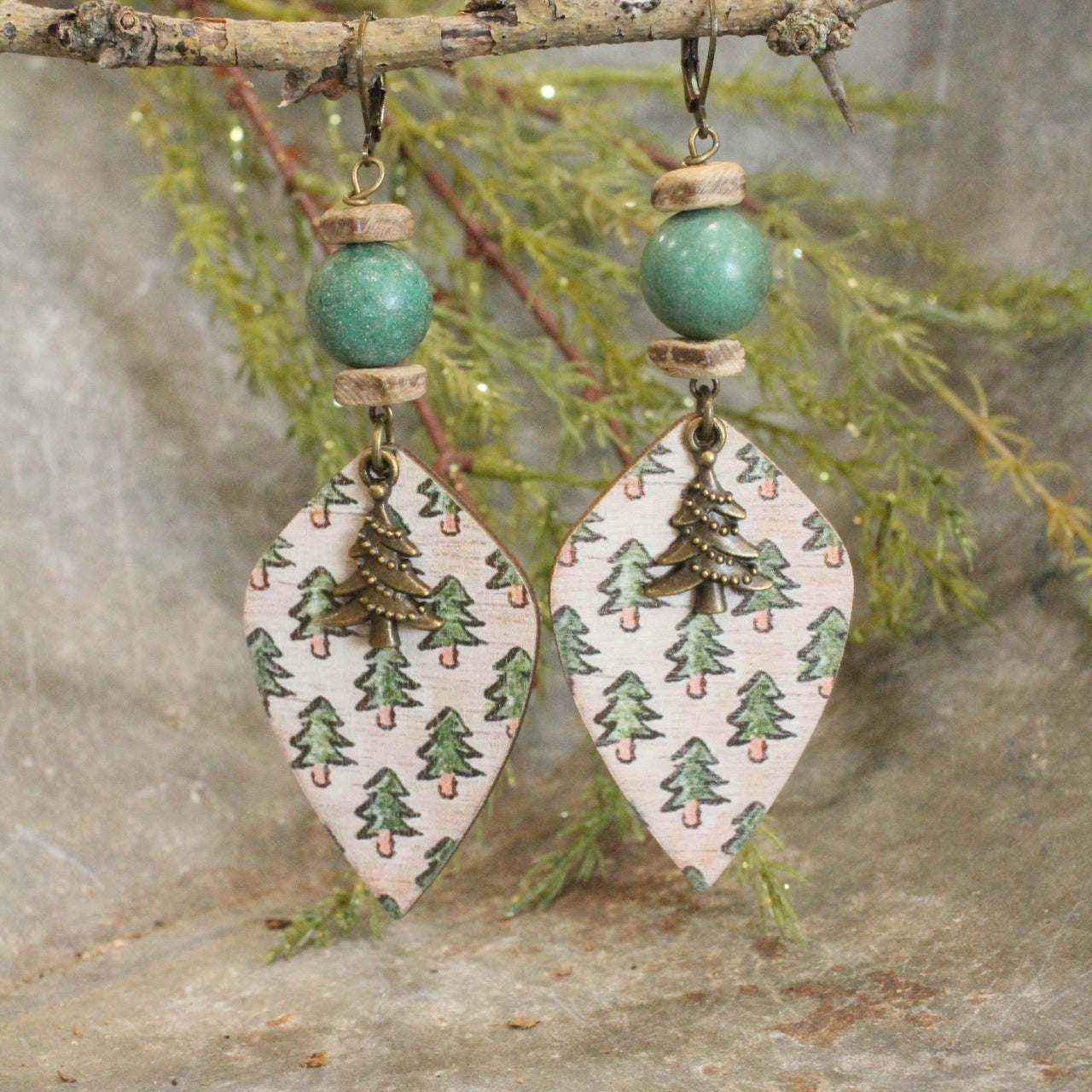 Stone Beads & Oh Christmas Evergreen Tree Dangle Earrings