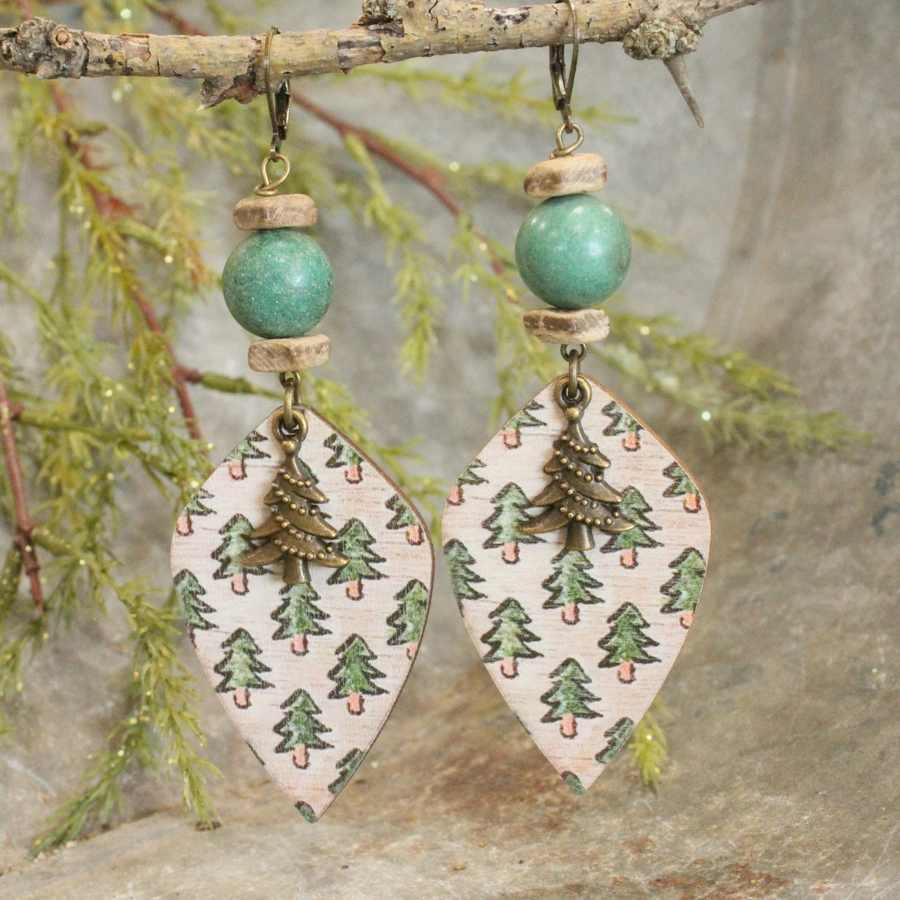 Stone Beads & Oh Christmas Evergreen Tree Dangle Earrings