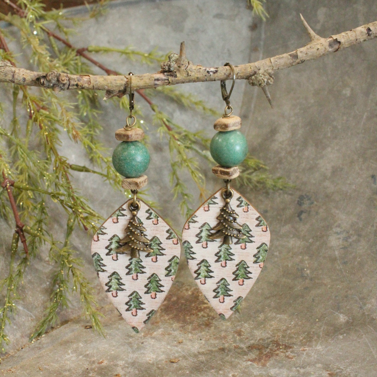 Stone Beads & Oh Christmas Evergreen Tree Dangle Earrings