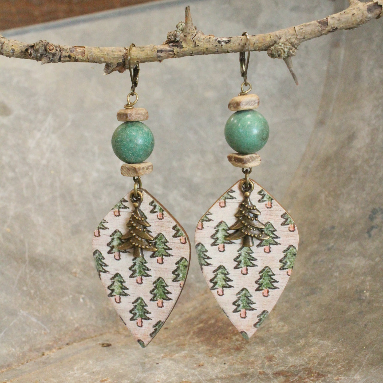 Stone Beads & Oh Christmas Evergreen Tree Dangle Earrings