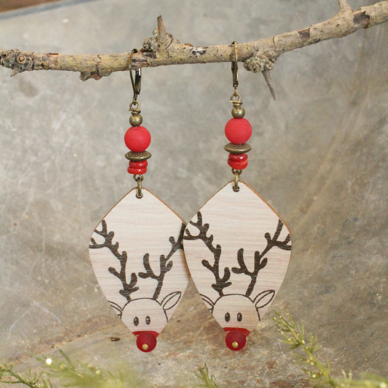 Rudolph The Red Nosed Reindeer & Red Stone Dangle Earrings