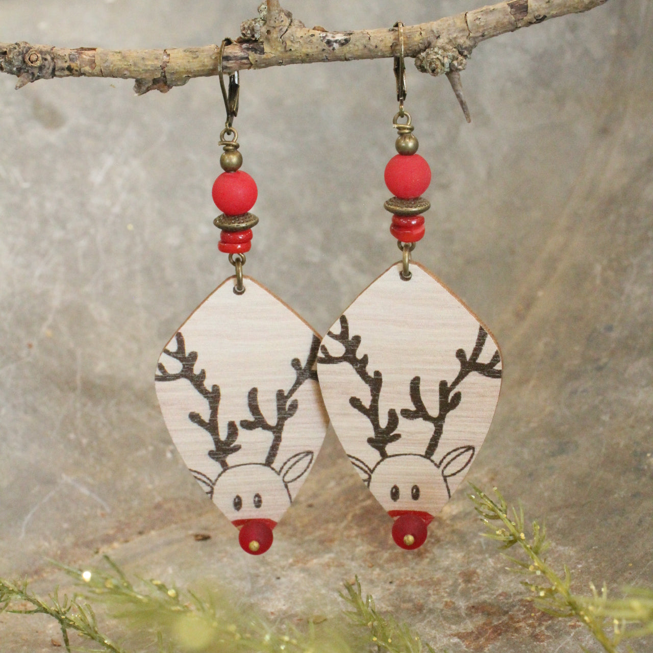 Rudolph The Red Nosed Reindeer & Red Stone Dangle Earrings