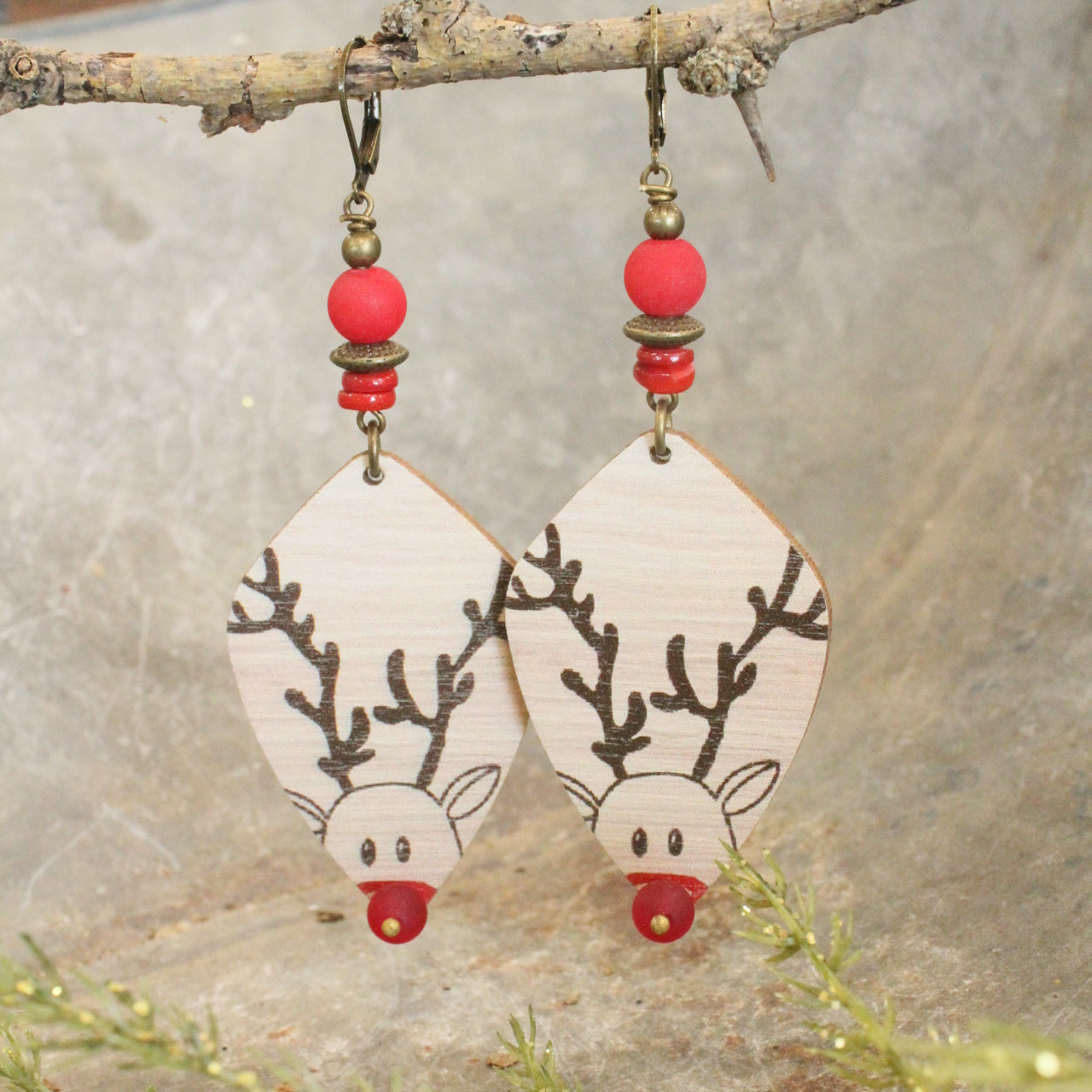 Rudolph The Red Nosed Reindeer & Red Stone Dangle Earrings