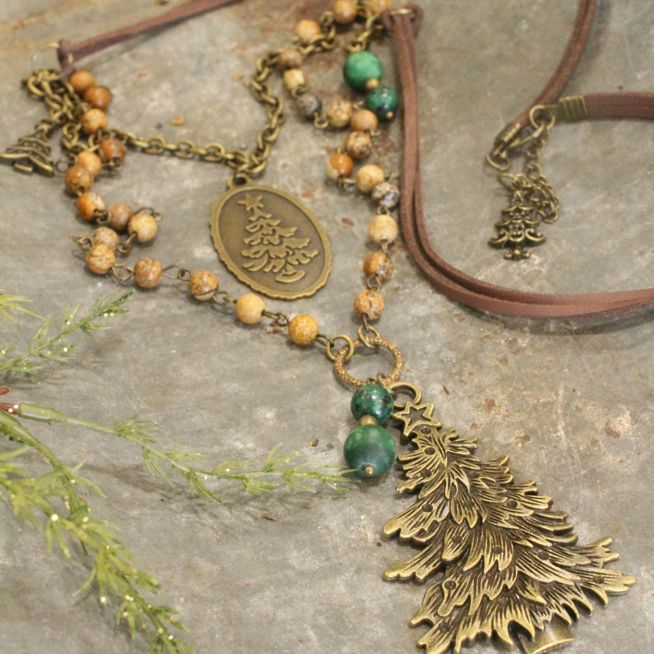 Evergreen Tree W/Leather & Jasper Beads Layered Pendant Necklace Set