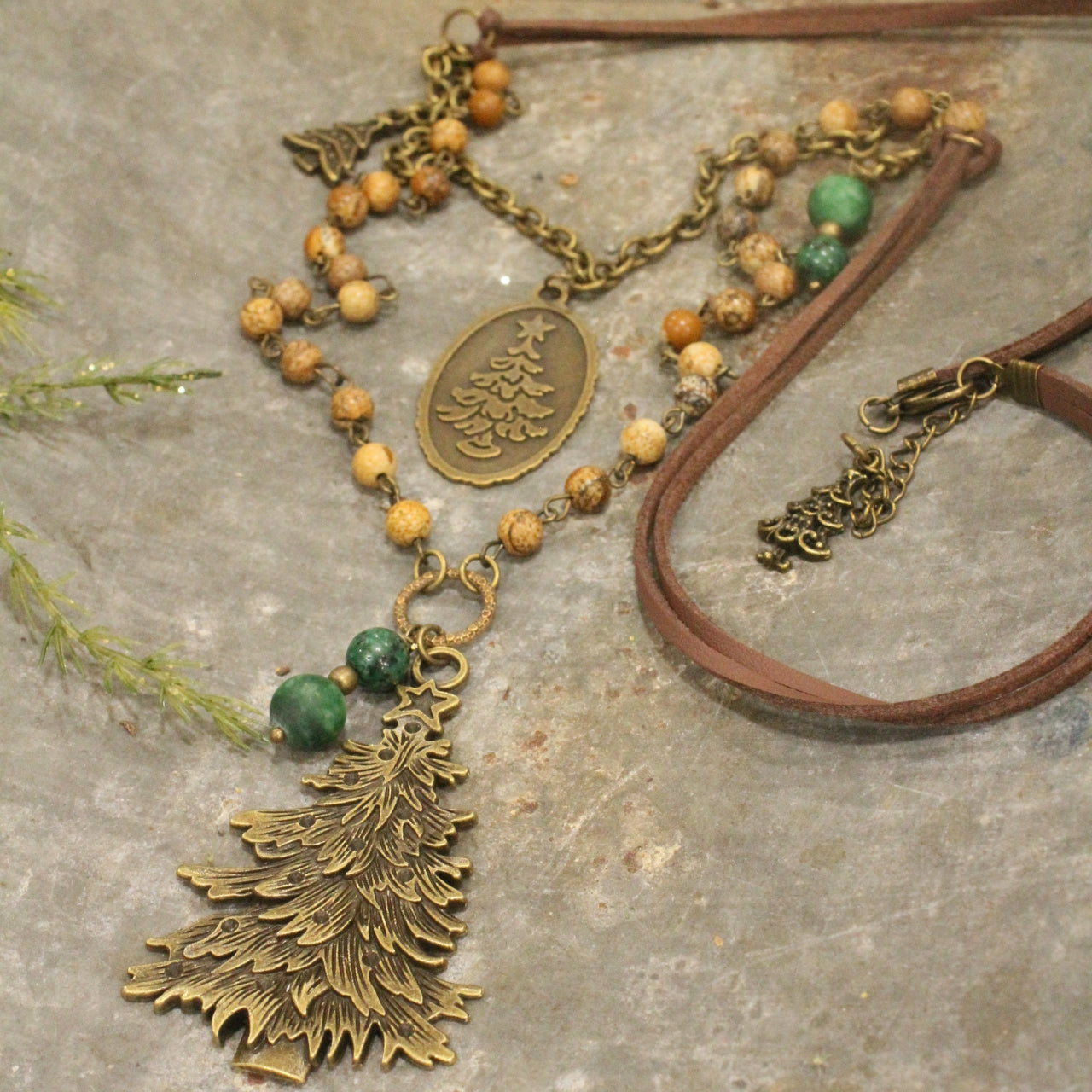 Evergreen Tree W/Leather & Jasper Beads Layered Pendant Necklace Set