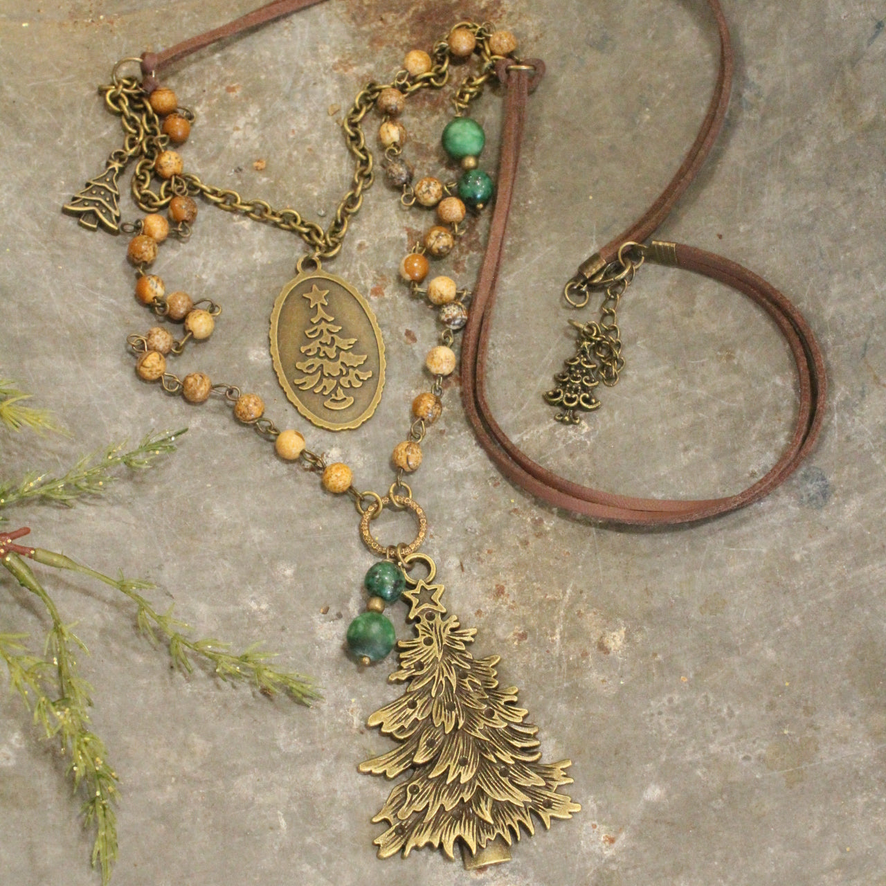 Evergreen Tree W/Leather & Jasper Beads Layered Pendant Necklace Set