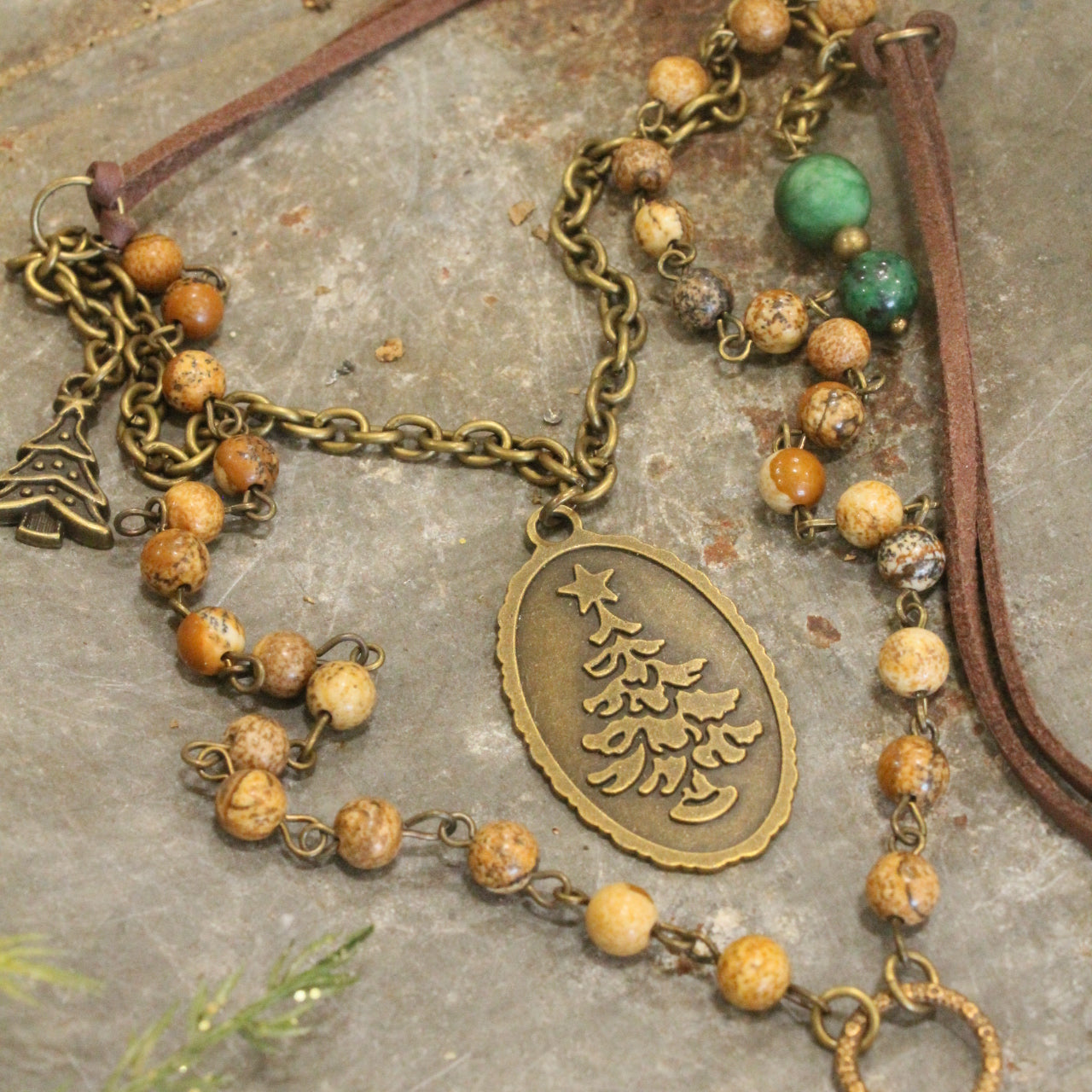 Evergreen Tree W/Leather & Jasper Beads Layered Pendant Necklace Set