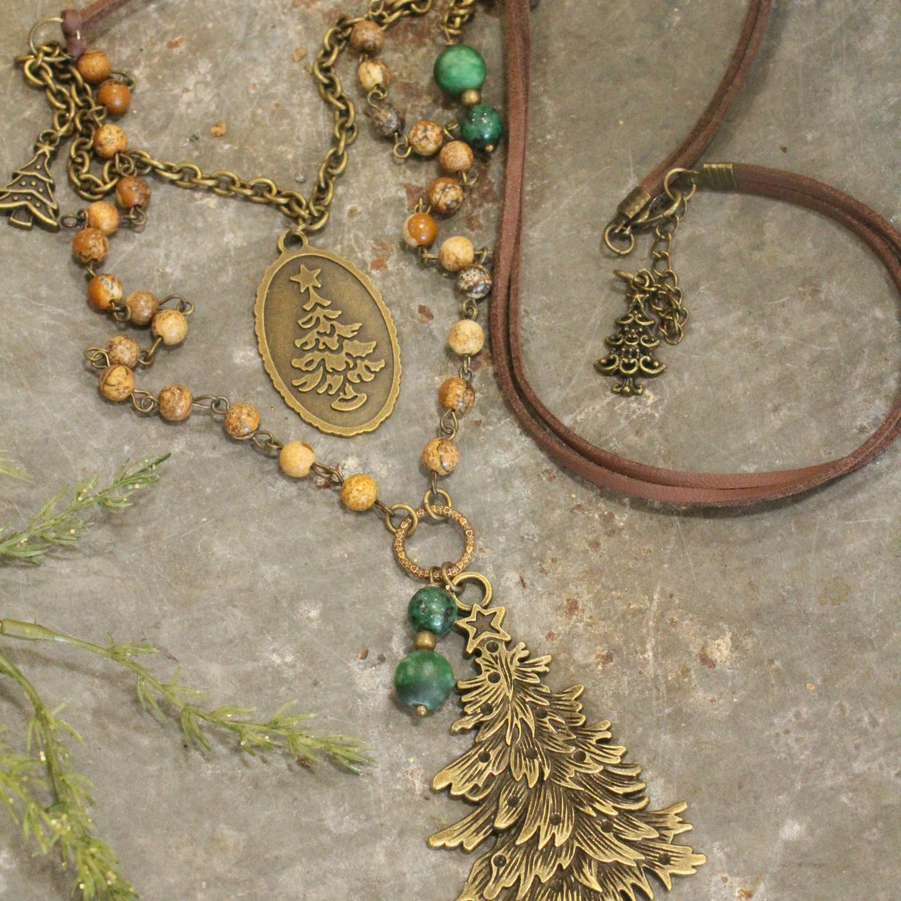 Evergreen Tree W/Leather & Jasper Beads Layered Pendant Necklace Set