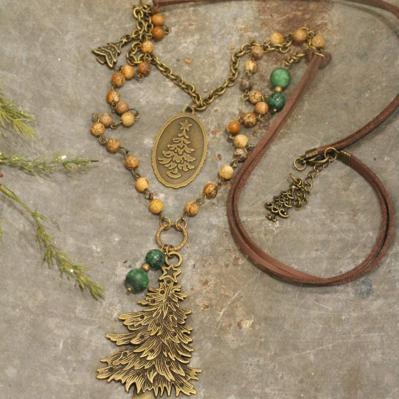 Evergreen Tree W/Leather & Jasper Beads Layered Pendant Necklace Set