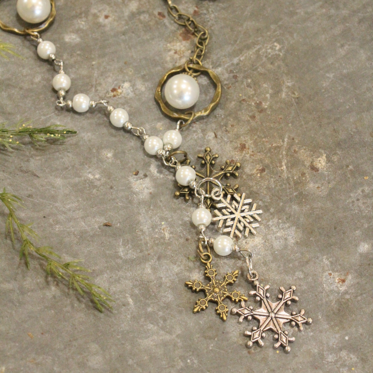 Mixed Metals Adorned With Pearls & Snowflakes Pendant Necklace