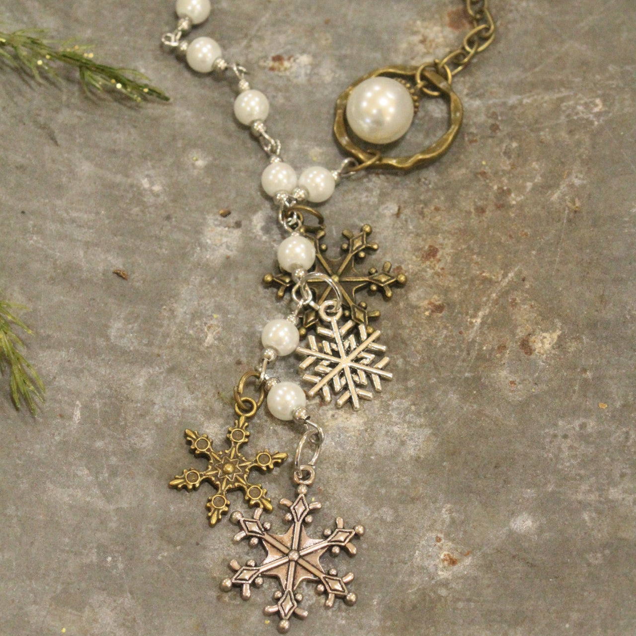 Mixed Metals Adorned With Pearls & Snowflakes Pendant Necklace