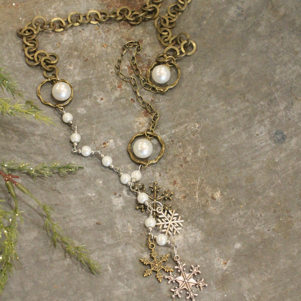 Mixed Metals Adorned With Pearls & Snowflakes Pendant Necklace