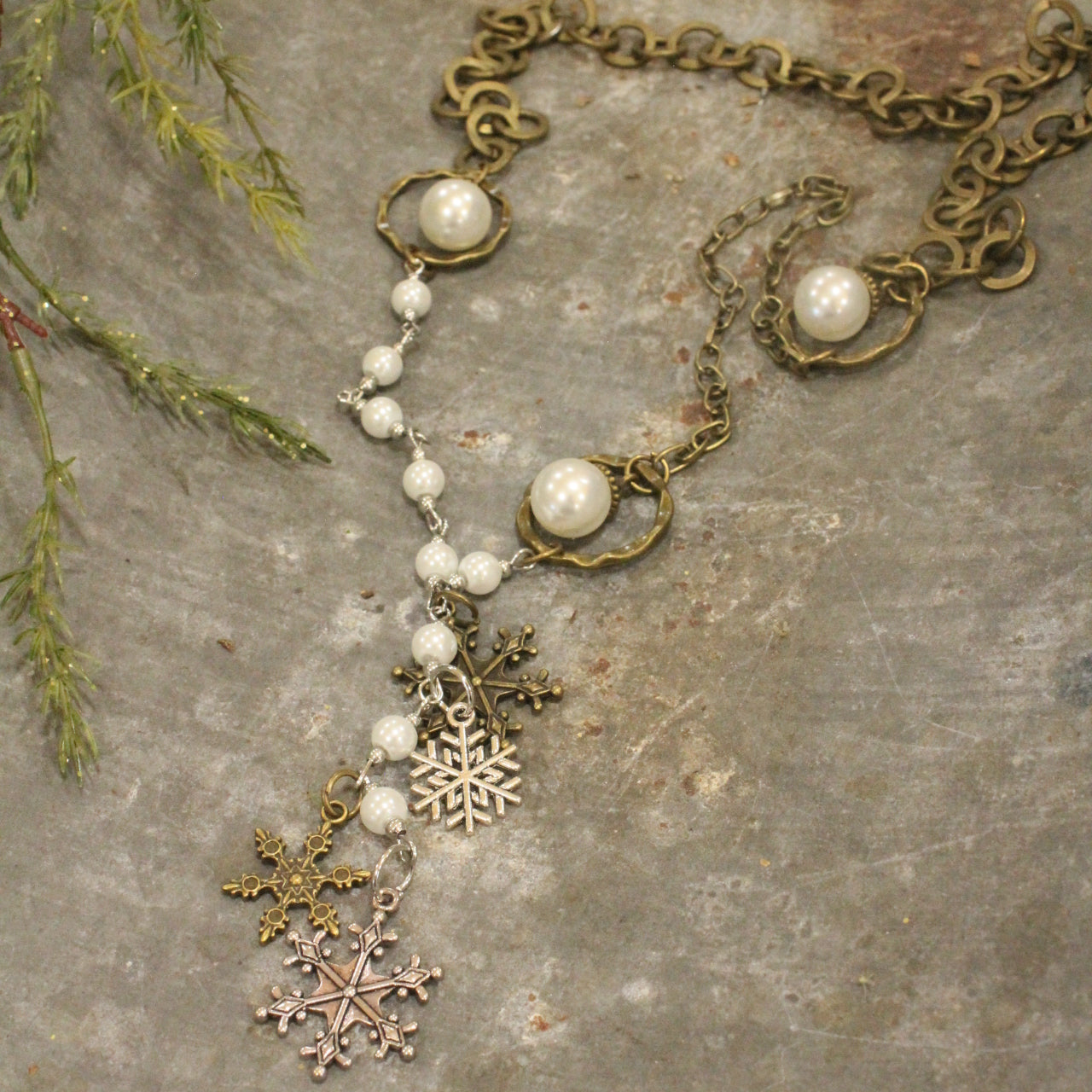 Mixed Metals Adorned With Pearls & Snowflakes Pendant Necklace