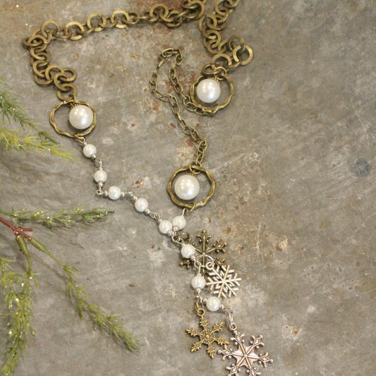 Mixed Metals Adorned With Pearls & Snowflakes Pendant Necklace