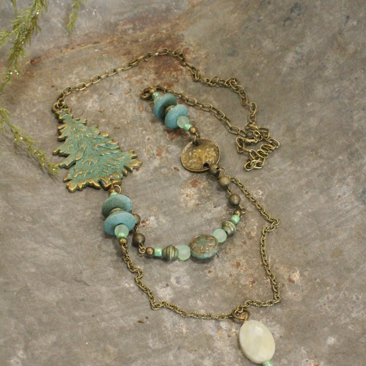 Patina Tree & A Star Czech Focal Point Layered Pendant Necklace