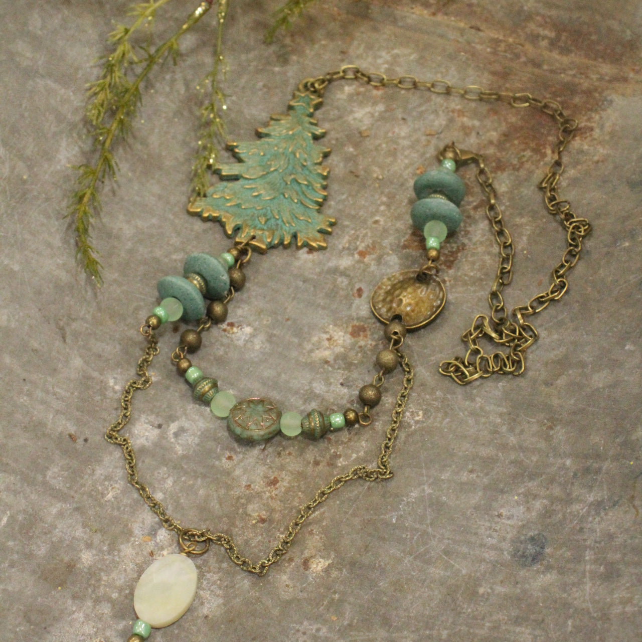 Patina Tree & A Star Czech Focal Point Layered Pendant Necklace