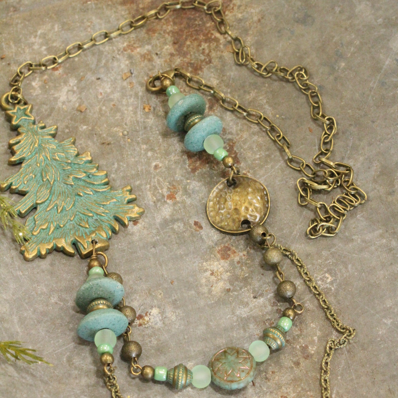 Patina Tree & A Star Czech Focal Point Layered Pendant Necklace