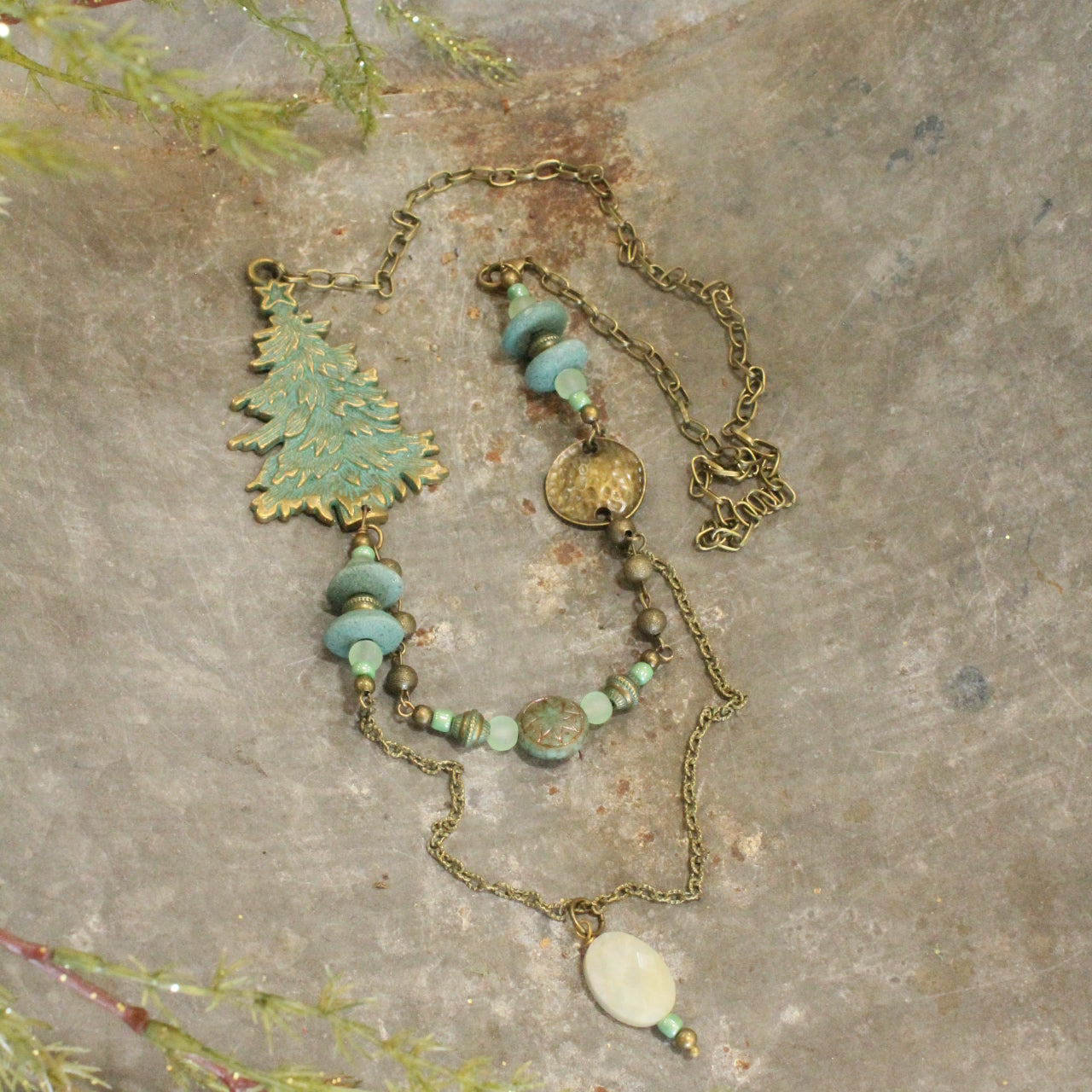 Patina Tree & A Star Czech Focal Point Layered Pendant Necklace