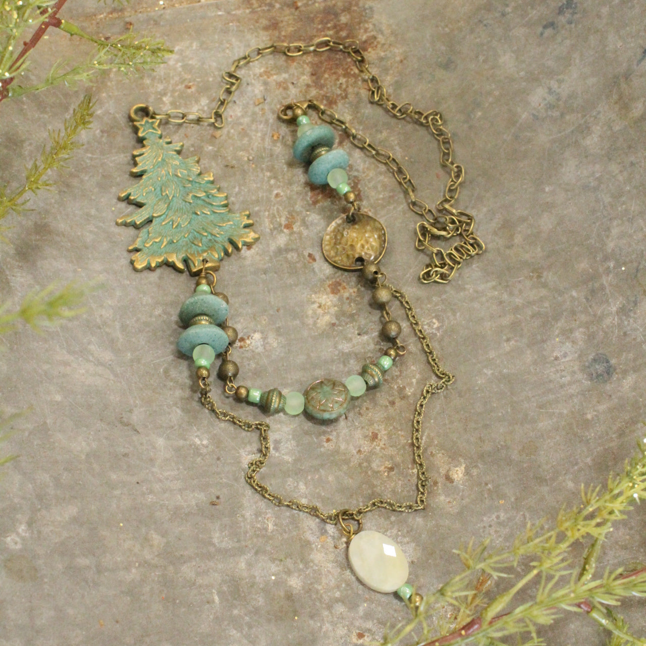 Patina Tree & A Star Czech Focal Point Layered Pendant Necklace