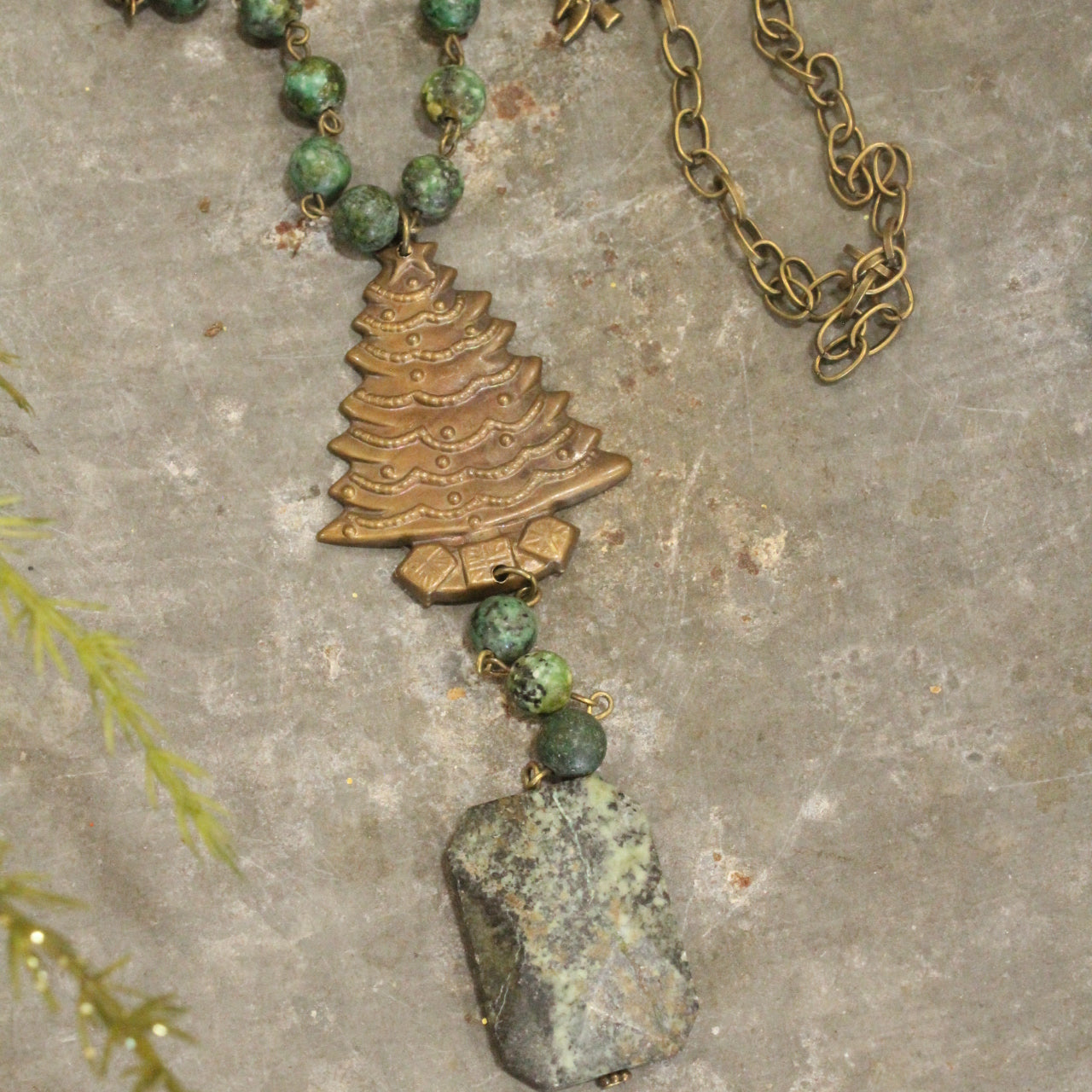 Bronze & Jasper Stones W/ Czech Glass & Vintage Bronze Tree Pendant Necklace