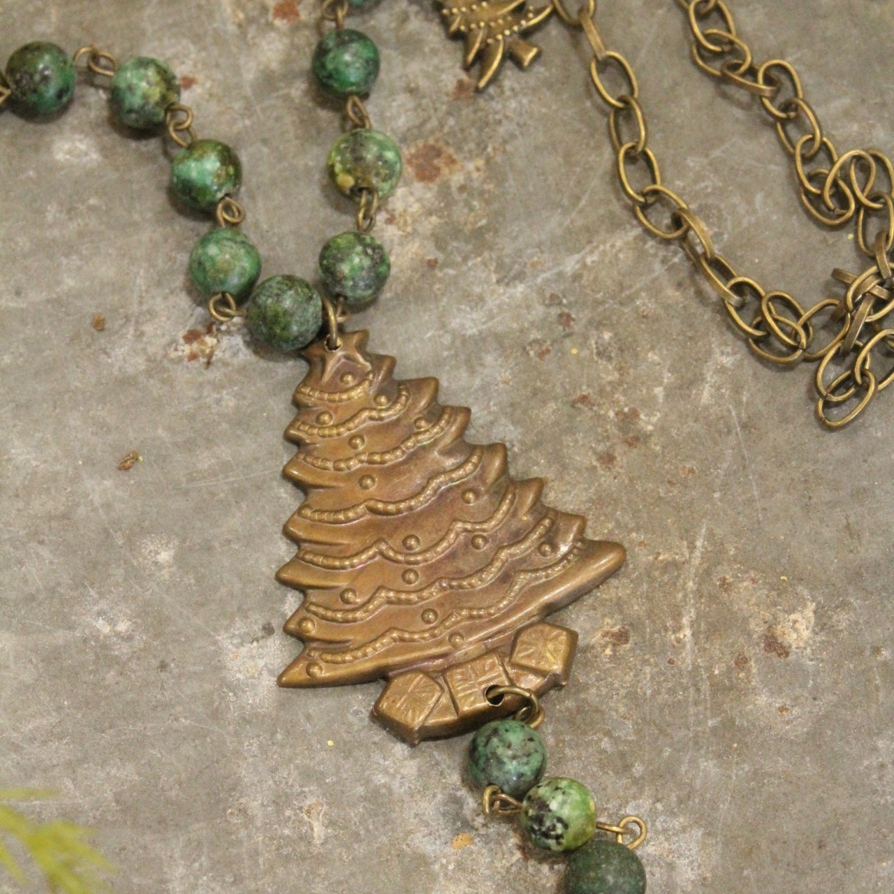 Bronze & Jasper Stones W/ Czech Glass & Vintage Bronze Tree Pendant Necklace