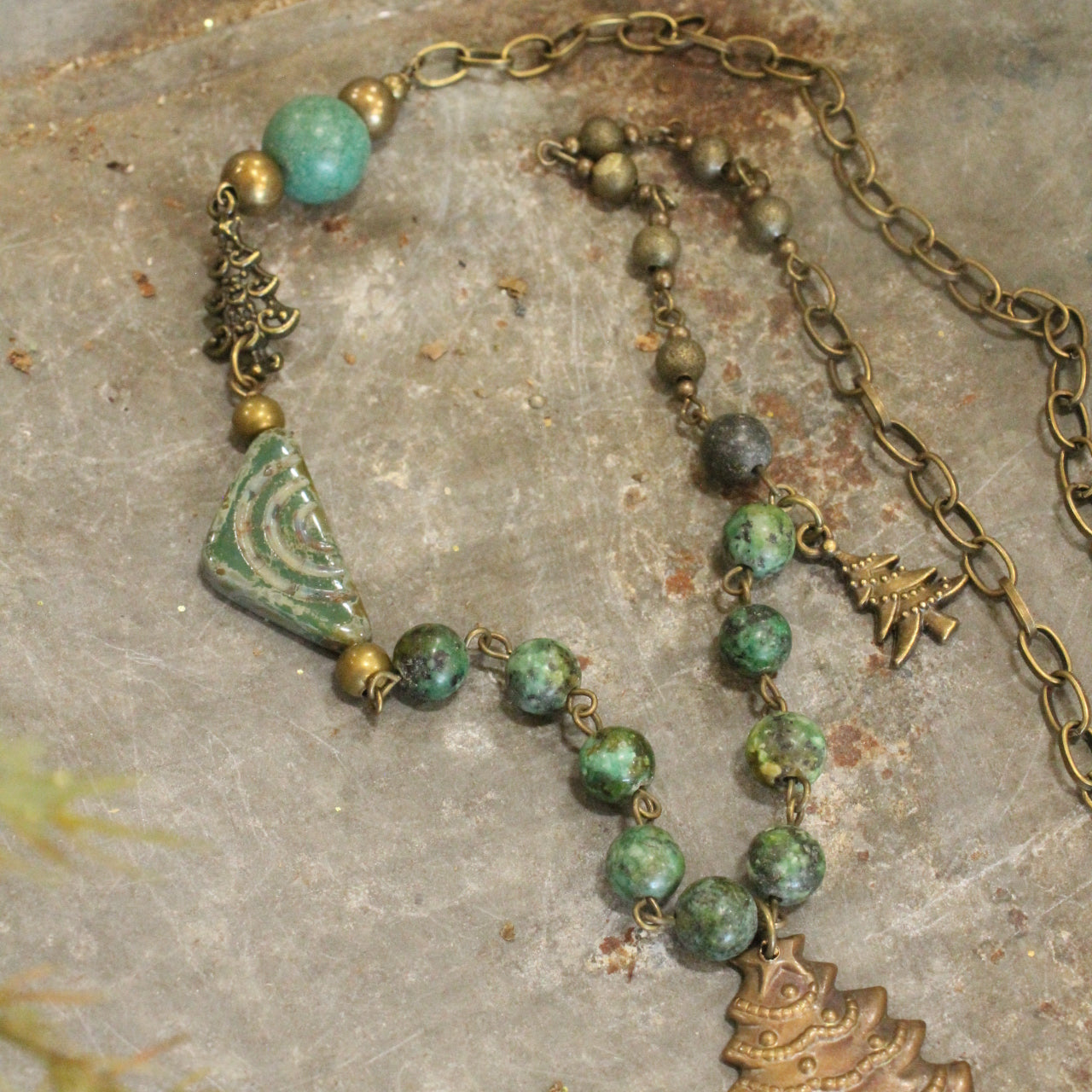 Bronze & Jasper Stones W/ Czech Glass & Vintage Bronze Tree Pendant Necklace