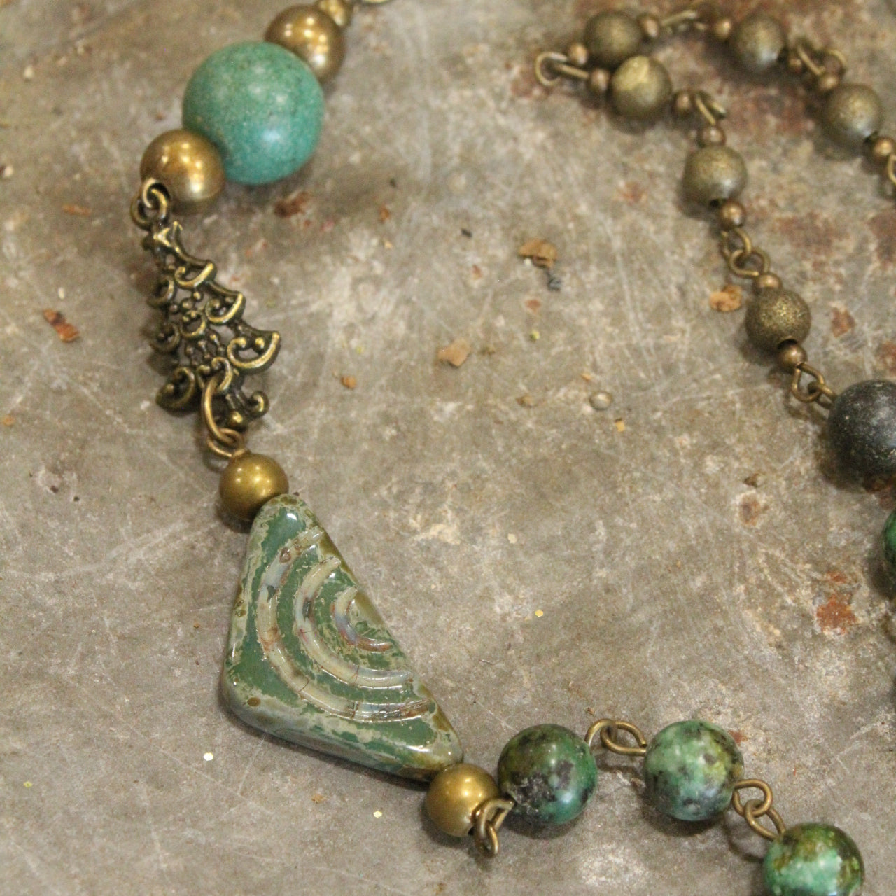 Bronze & Jasper Stones W/ Czech Glass & Vintage Bronze Tree Pendant Necklace