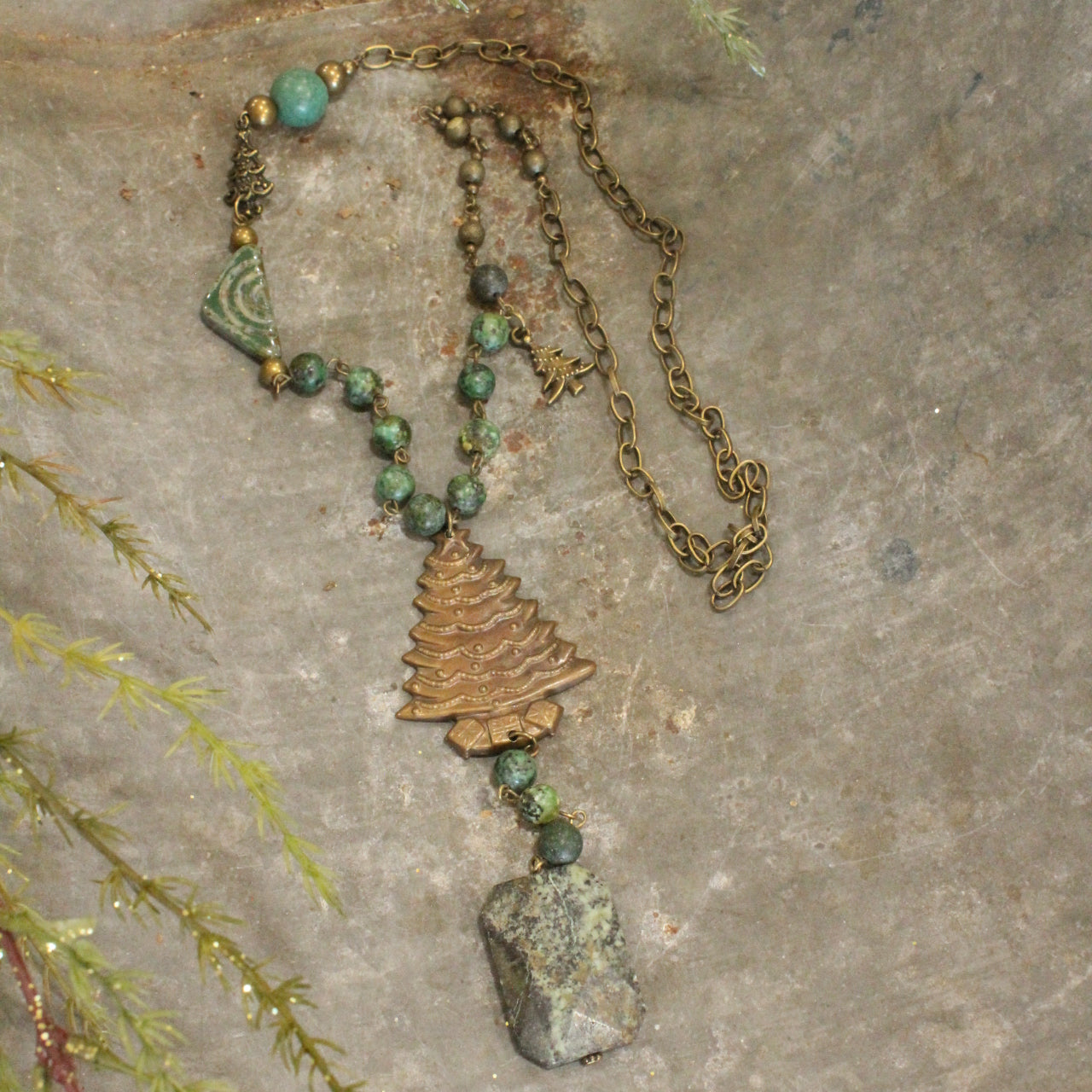 Bronze & Jasper Stones W/ Czech Glass & Vintage Bronze Tree Pendant Necklace