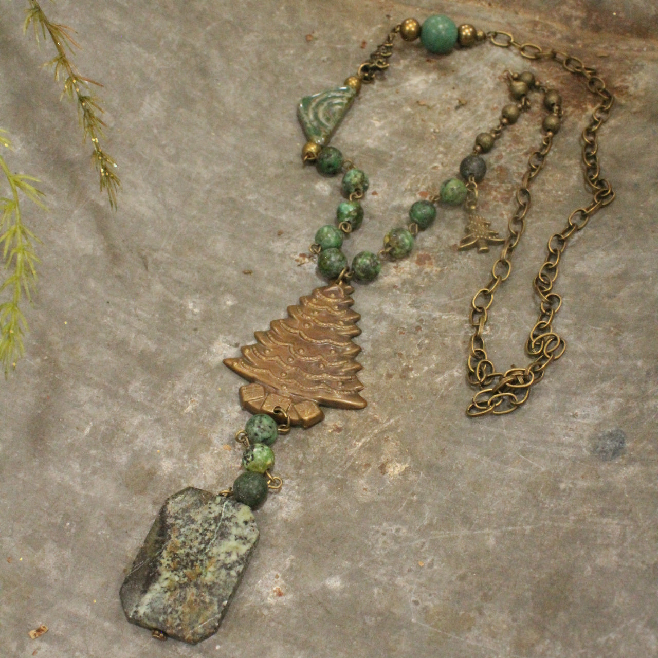 Bronze & Jasper Stones W/ Czech Glass & Vintage Bronze Tree Pendant Necklace