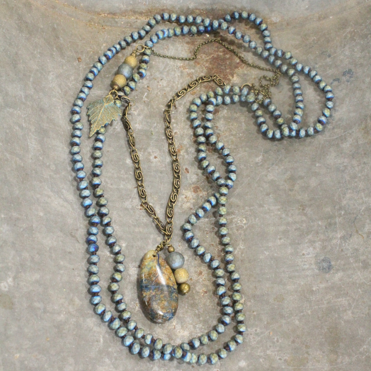 Vintage Matte Chain & Beaded Necklace Set With Patina Leaves & Stone Pendant