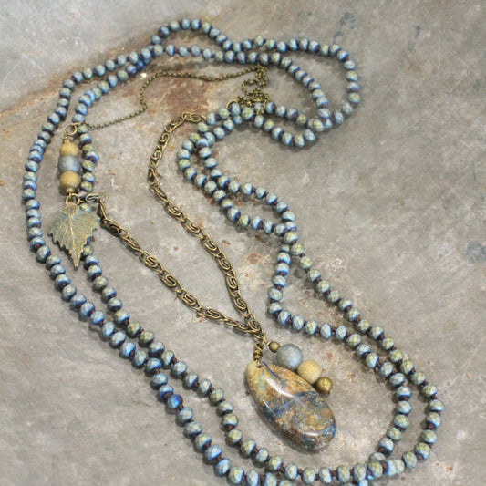 Vintage Matte Chain & Beaded Necklace Set With Patina Leaves & Stone Pendant