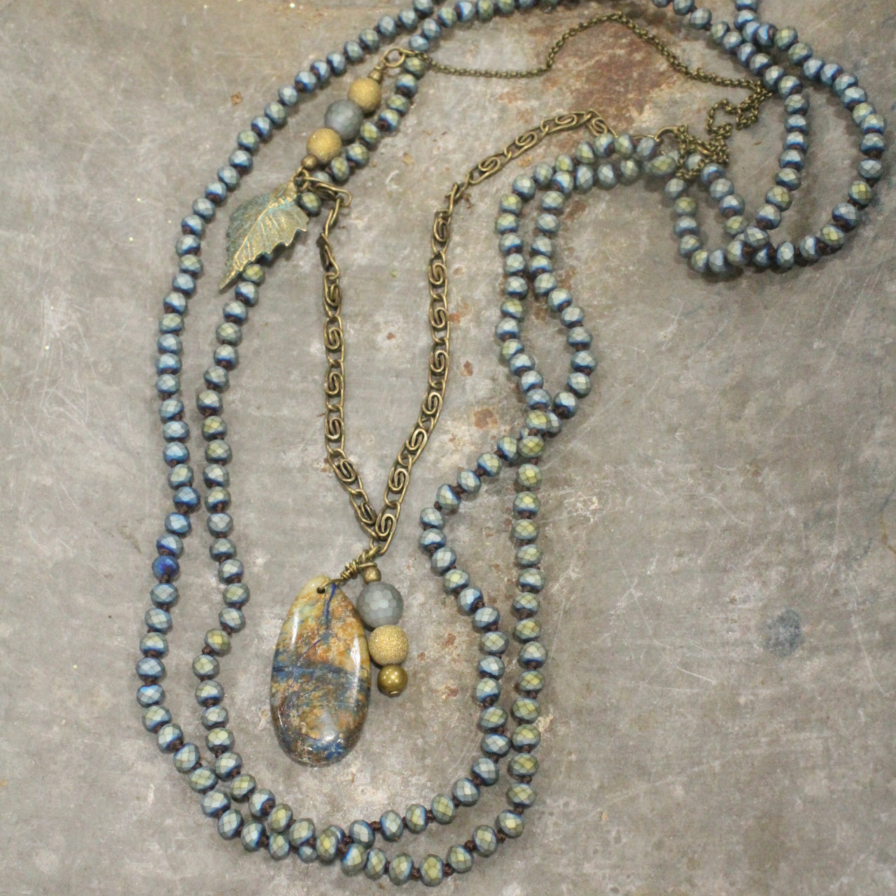 Vintage Matte Chain & Beaded Necklace Set With Patina Leaves & Stone Pendant