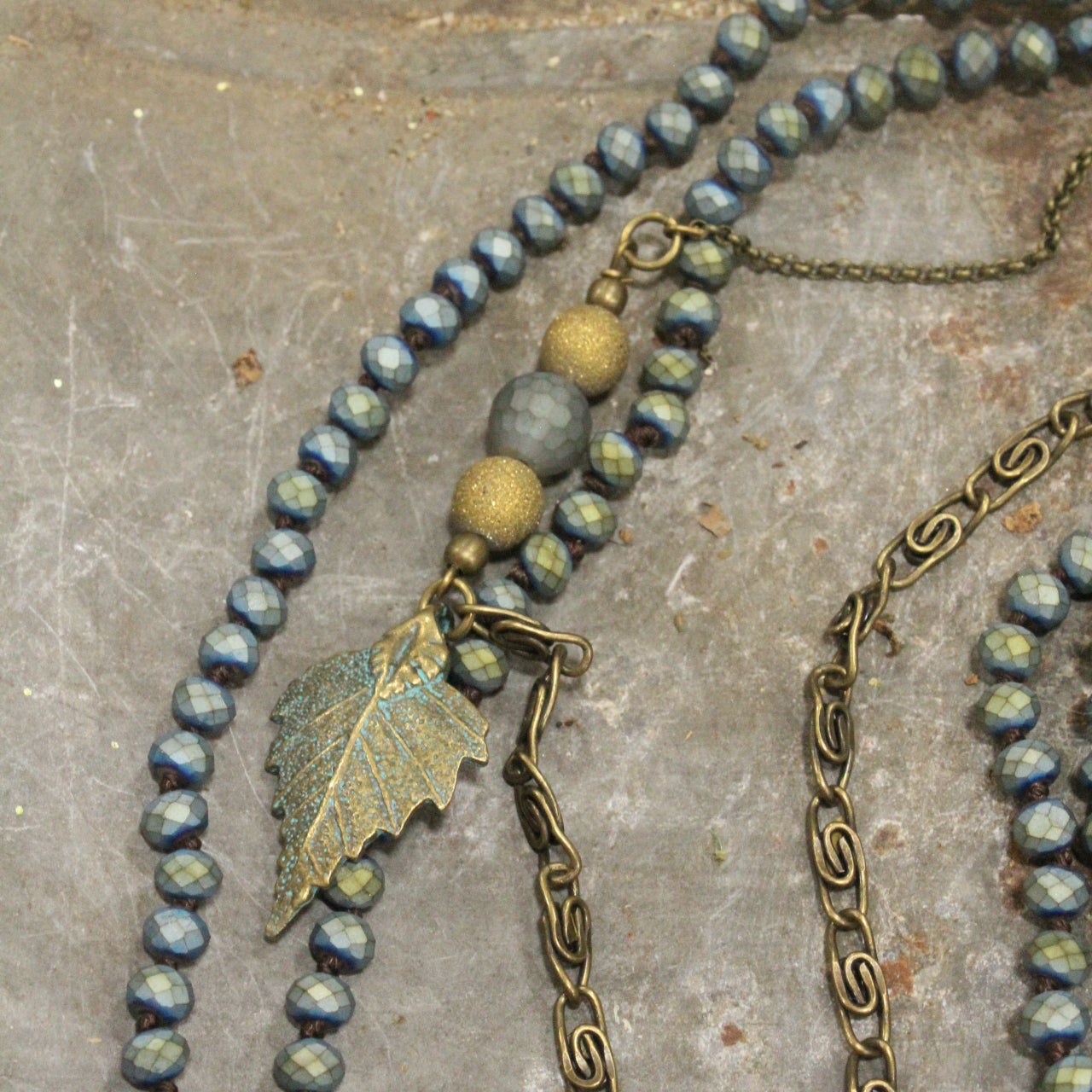 Vintage Matte Chain & Beaded Necklace Set With Patina Leaves & Stone Pendant