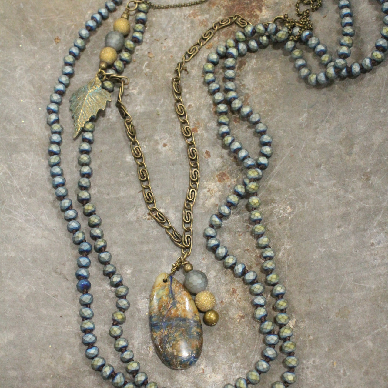 Vintage Matte Chain & Beaded Necklace Set With Patina Leaves & Stone Pendant