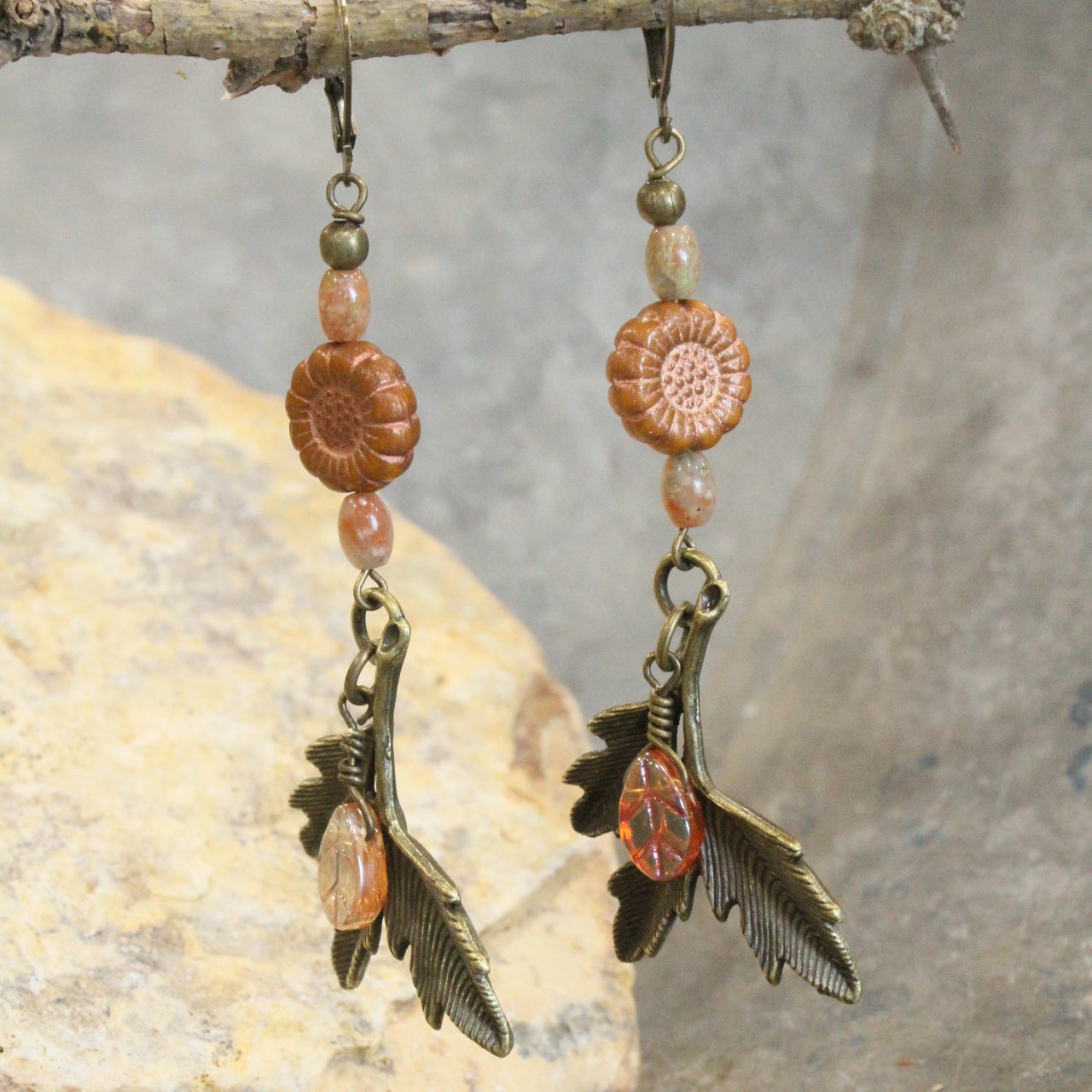 Bronze Leaves With Czech Sunflower Dangle Drop Earrings