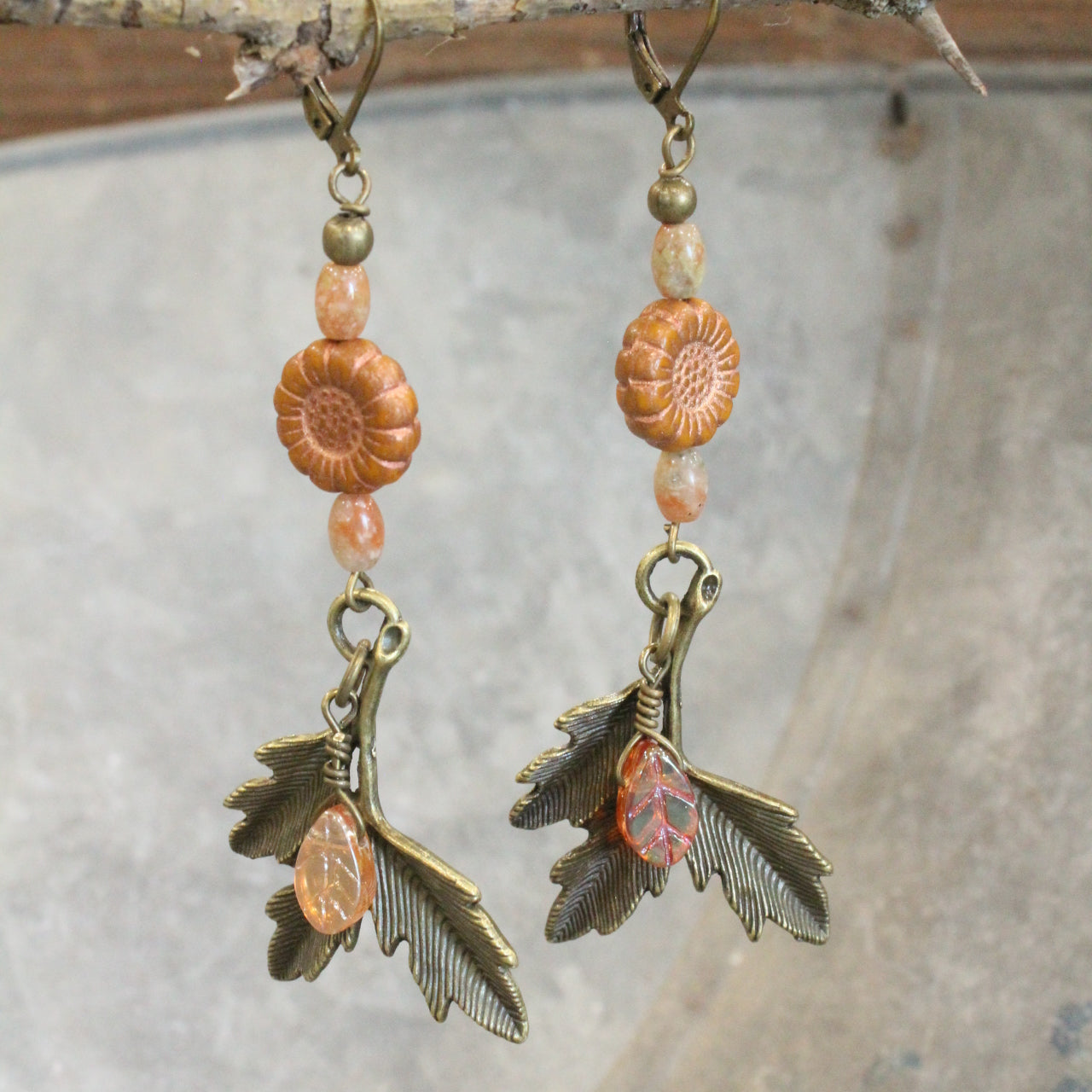 Bronze Leaves With Czech Sunflower Dangle Drop Earrings